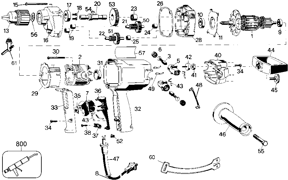 Default Diagram and Parts List for 2610-220 Type 1 Black and Decker Boring Machine